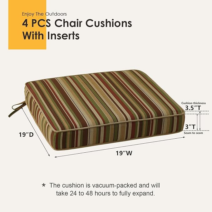 Outdoor Square Corner Seat Cushion, 19"x19"x3", Set of 4, Non Slip Seat Cushion Pads with Removable Cover for Patio Furniture, Garden Yard Lawn, Colorful Stripe