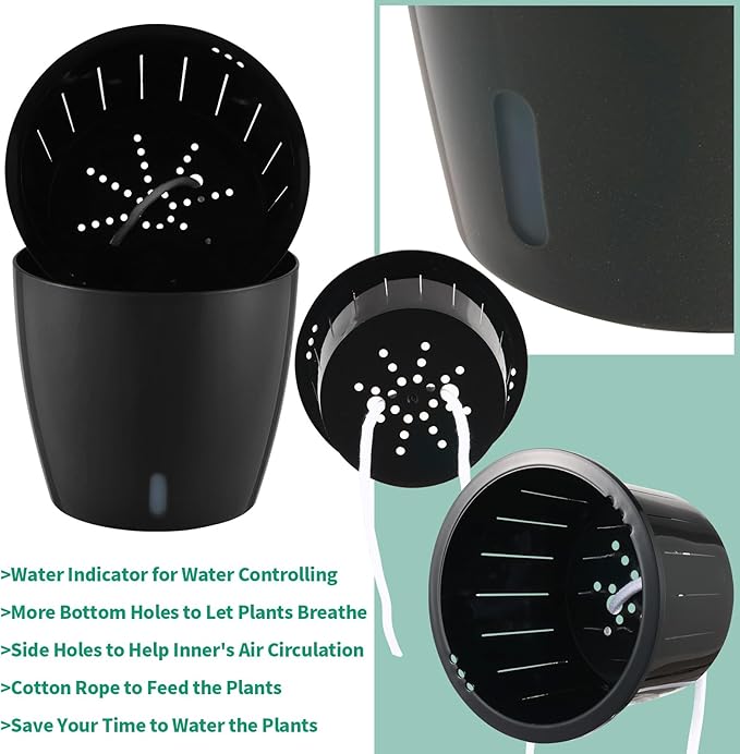 Planterhoma 6.7 Inch Self Watering Pots for Indoor Plants, 6 Packs African Violet Pots with Water Indicator and Black Wick Pots, Self Watering Planters for Devil's Ivy, Indoor Plant Pots, Black