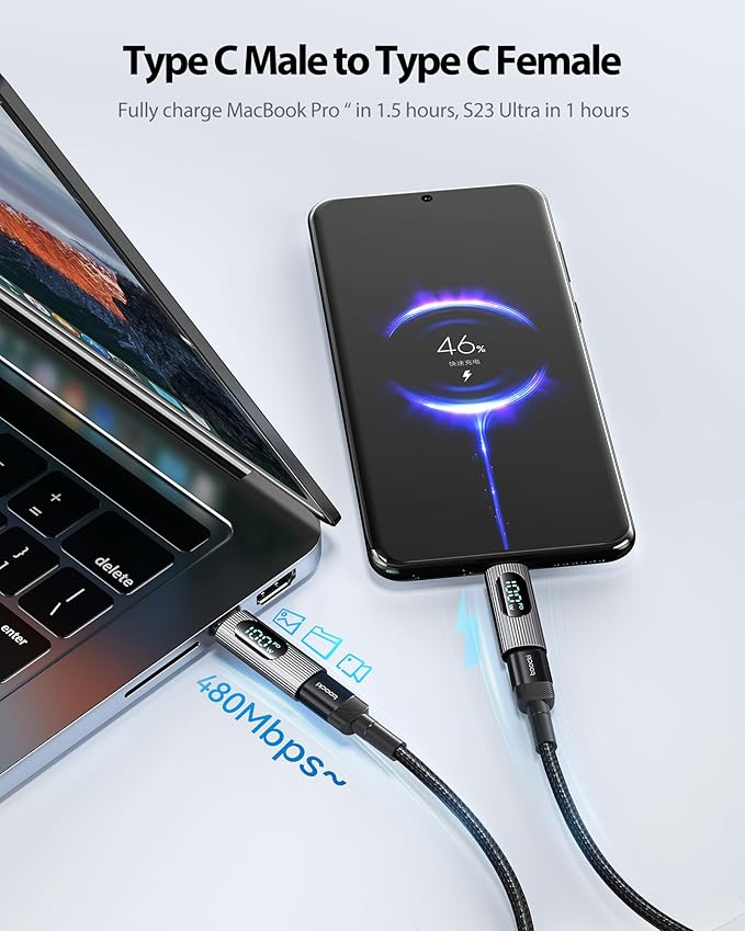 USB C Adapter, 2Pack 100W USB C Female to USB C Male Extension Adapter Type C Power Meter Tester with Digital Display for iPad Pro iPhone 15 Pro Max MacBook Pro Laptop
