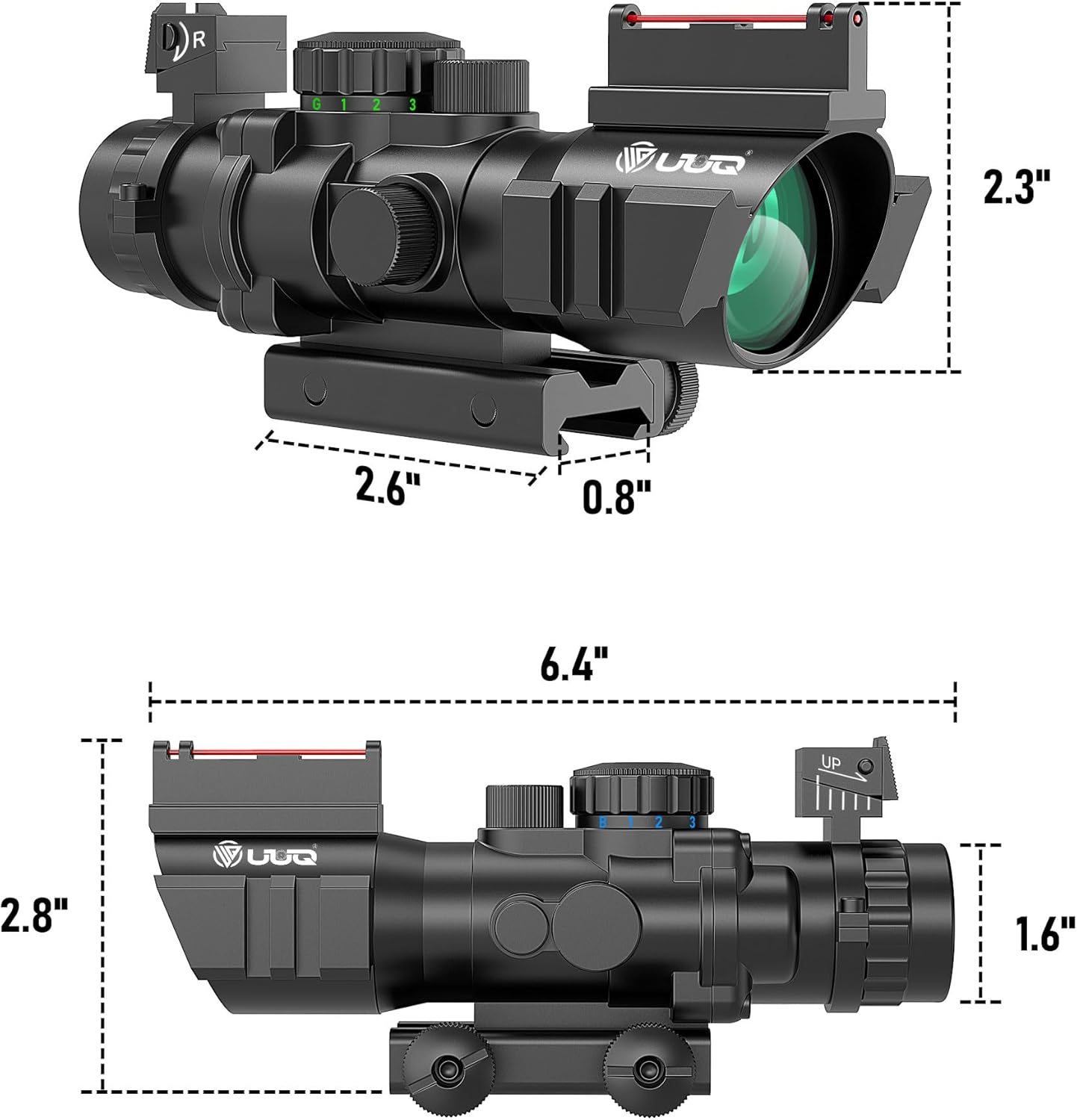 UUQ Prism 4x32 Red/Green/Blue Triple Illuminated Rapid Range Reticle Rifle Scope W/Top Fiber Optic Sight and Weaver Slots