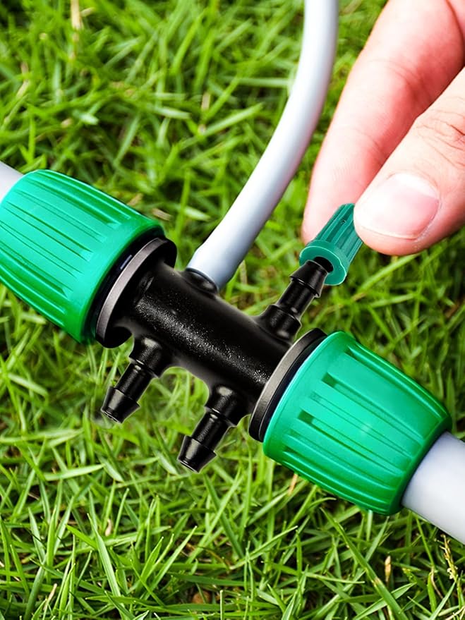 Kalolary 20PCS Barbed Tee 1/2" to 1/4" Drip Irrigation Fittings, Anti-Drop Barbed Hose Parts Connectors for 12mm/16mm to 4mm/7mm Drip Systems 6 Way Adapter(Green)