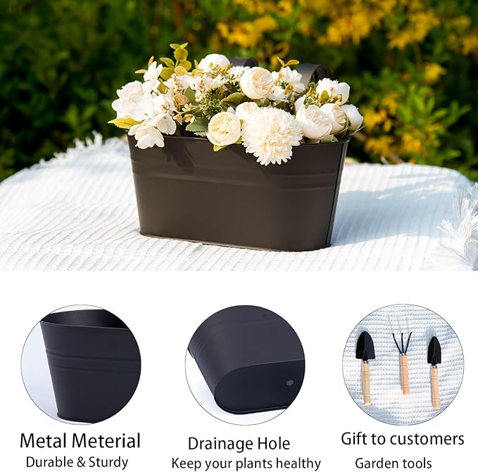 5 Pack Metal Hanging Flower Pots for Railing Fence,Outdoor Balcony Rail Planter with Garden Tools Detachable Hooks Drainage Holes for Deck Garden Home Decor Black