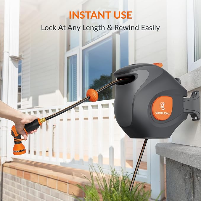 Giraffe Tools BW35 Retractable Garden Hose Reel | Wall-Mounted, Automatic Rewind, 100ft 1/2" Hose with 9-Pattern Spray Nozzle | Outdoor, Lawn, Garden & Car Cleaning Use