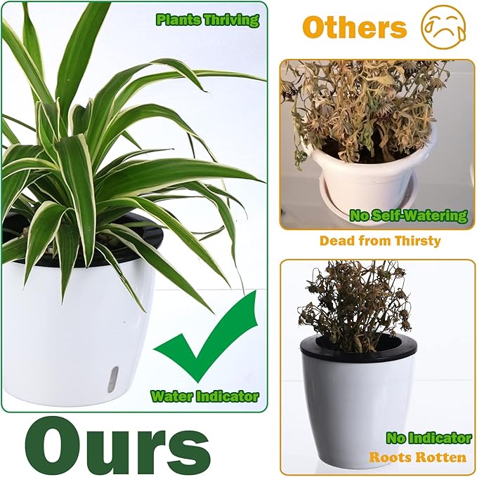 Planterhoma 6.7 Inch Self Watering Pots for Indoor Plants, 4 Packs White African Violet Pots with Water Indicator and Black Wick Pots, Self Watering Planters for Devil's Ivy, Indoor Plant Pots