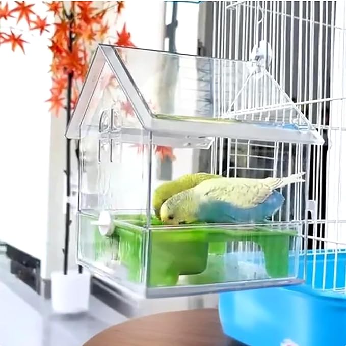 Ziveseller/Sowhathow Pull-Out External Parrot Feeder, Parrot Feeder Parakeet House Bird Bath Transparent Dish Water, Hanging Wild Bird Seed with Squirrel Proof Tray (White)