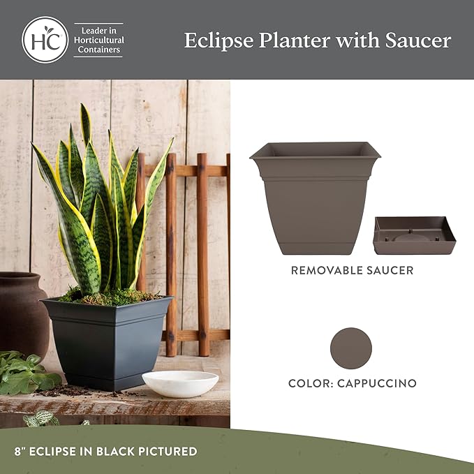 The HC Companies 10 Inch Eclipse Square Planter with Saucer – Indoor Outdoor Plant Pot for Flowers Vegetables Herbs, Cappuccino (Pack of 2)