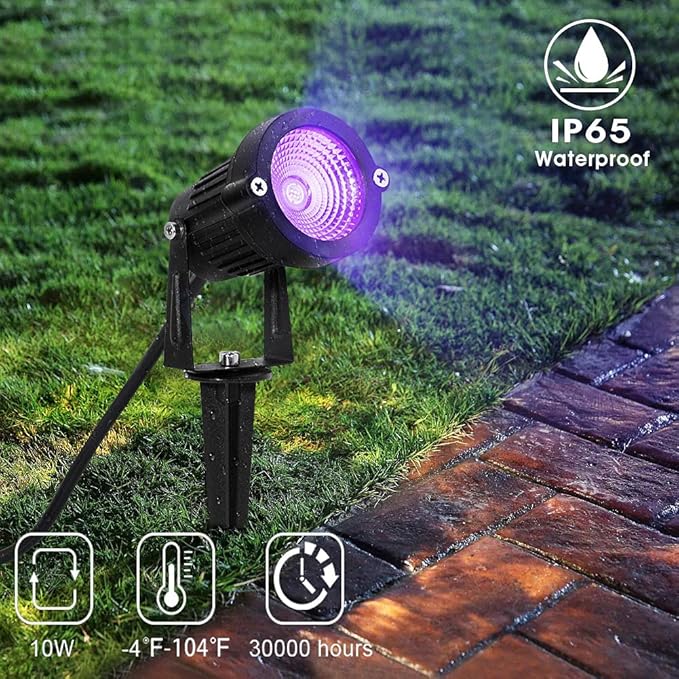 2 Pack HalloweenWaterproof UV LED Blacklight Landscape Lights, Outdoor Plug in Black Light Spotlight for Pathway Light Plug Spike Stand Garden, Yard, Lawn, Halloween, Party Decorative Lighting