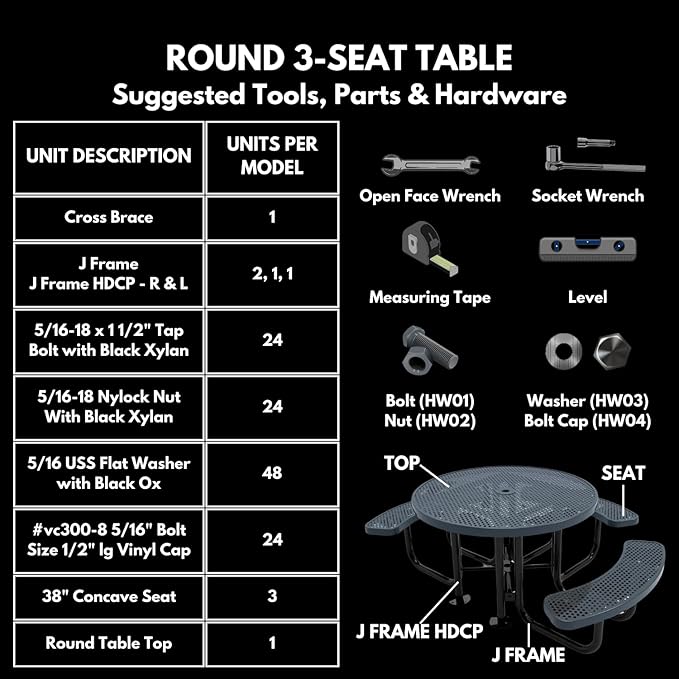 Heavy-Duty Portable Outdoor Picnic Table with Umbrella Hole, Punched Steel Patio Dining Furniture Made in America (46" Round Top, Textured Black)