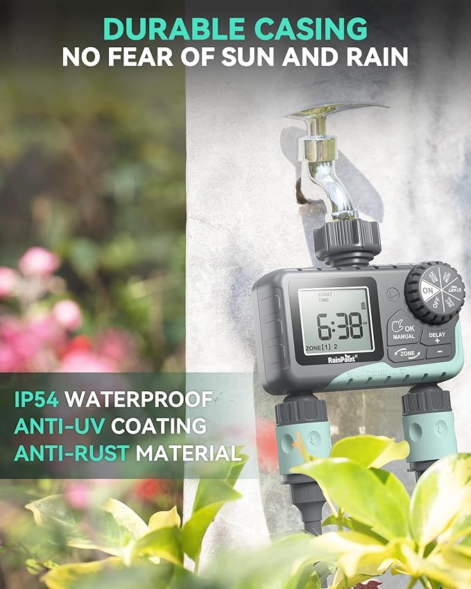 RAINPOINT 2 Zone Sprinkler Timer - 2pcs Water Timer for Garden Hose with Rain Delay/Manual Watering/Automatic Irrigation Controller System - Water Hose Timer Programmable Faucet Timer for Yard Lawn