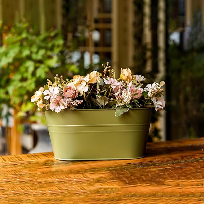 5 Pack Metal Hanging Flower Pots for Railing Fence,Outdoor Balcony Rail Planter with Garden Tools Detachable Hooks Drainage Holes for Deck Garden Home Decor Green