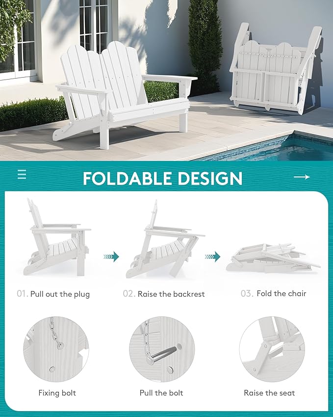 SERWALL 2 Person Adirondack Loveseat, HDPE All-Weather Folding Adirondack Bench Chair, Outdoor Adirondack Chair Set of 4, White