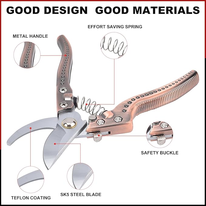 Tree Trimmers Secateurs, Hand Pruner, Garden Scissors for Plant,Pruning Shears for Gardening, Garden Hand Shears, Pruners for Gardening, Garden Clippers, Hedge Shears, Garden Tools (copper color)