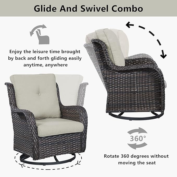 Wicker Outdoor Furniture Patio Furniture Set - 6 Piece Patio Conversation Set with Swivel Rocker Chairs, Loveseat Sofa, Ottomans and Coffee Table, Beige Cushion