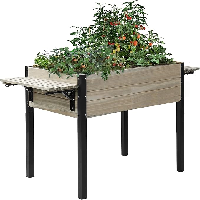 Raised Garden Bed, Metal Leg Wood Planter Boxes with Folding Storage Shelf,Elevated Planter Box for Growing Fresh Herbs, Vegetables, Flowers Great for Outdoor Patio, Deck, Balcony(Gray)