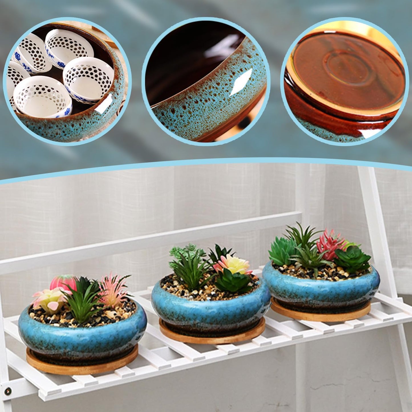 Ceramic Lotus Bowl Planter with Bamboo Stand,Lotus Flower Bowl for Water Plants,Water Lily Pot,Hydroponic Bowl Planter,Garden Decorative Flower Container for Bonsai/Succulents/Cactus(Sapphire Blue)