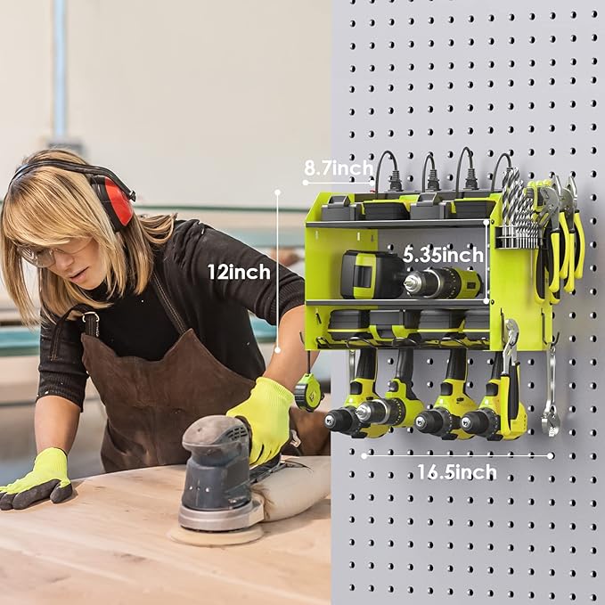 CCCEI Modular Power Tool Organizer Wall Mount with Charging Station. Garage 4 Drill Storage Shelf with Hooks, Screwdriver, Drill Bit Heavy Duty Rack, Tool Battery Holder Built in 8 Outlet Power Strip.