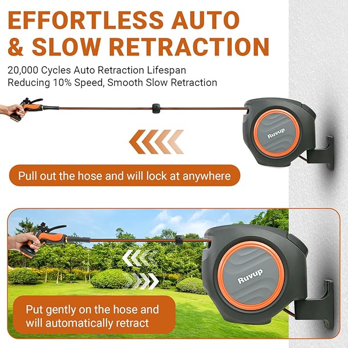 Ruvup Retractable Garden Hose Reel, 5/8in x 100ft Water Hose Reel with Metal Bracket, UV Resistant Automatic Hose Reel Wall Mount for Outside, Slow Retraction Any Length Lock 10 Spray Nozzle