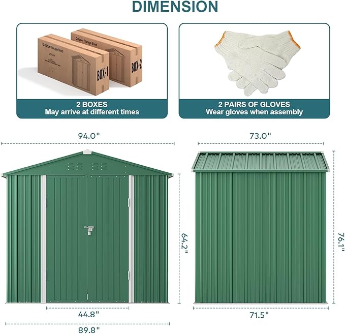 Gizoon Outdoor Storage Shed 8 x 6 FT, Galvanized Metal Garden Shed with Double Lockable Doors, Outdoor Storage Clearance for Backyard Patio Lawn-Green