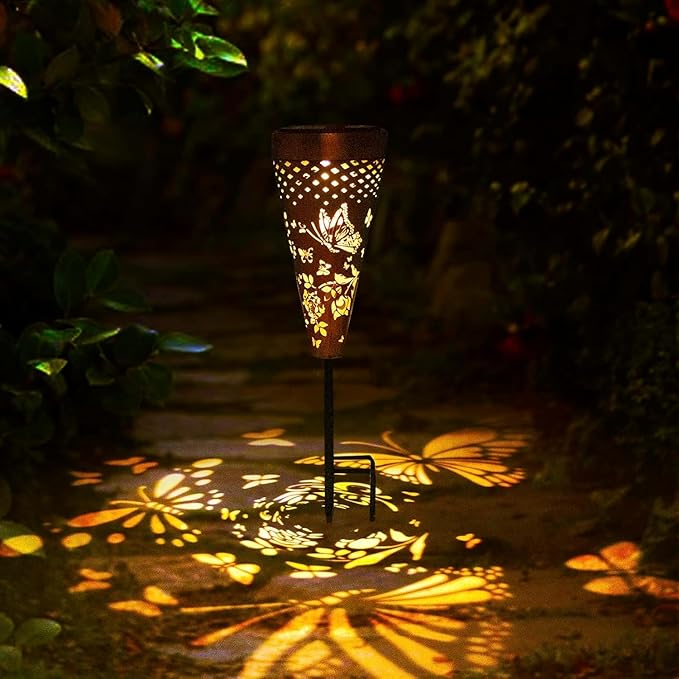 2 Pack Butterfly Solar Pathway Lights Outdoor,Metal Garden Decorations Outdoor Lights with Patterns and Warm Light,Waterproof Landscape Lighting for Path Patio Backyard Walkway Yard