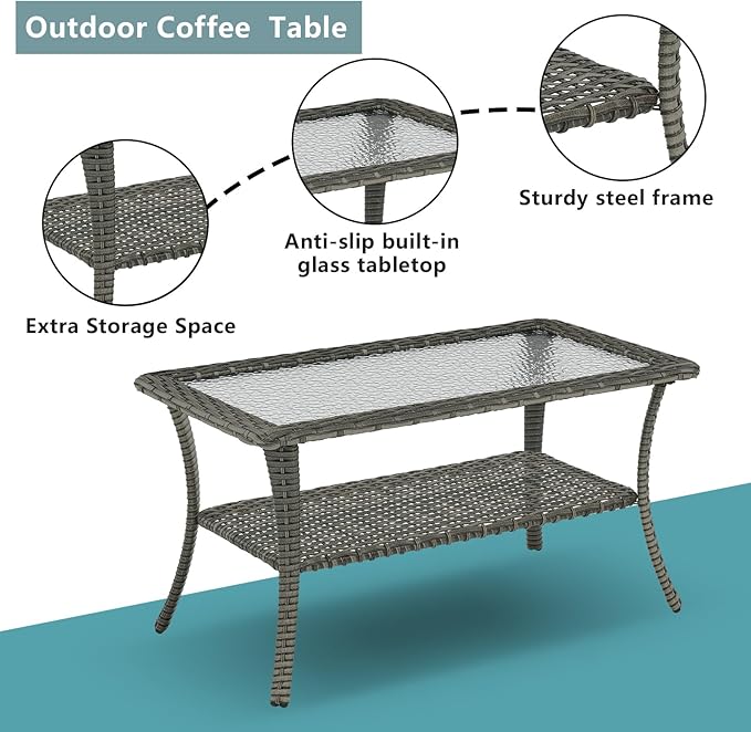 Outdoor Wicker Patio Furniture Set - 6 Piece Rattan Patio Conversation Set with 2 Rocking Swivel Chairs,2 Ottomans,1 Loveseat and 1 Coffee Table for Porch Deck Backyard Garden(Mixed Grey/Blue)