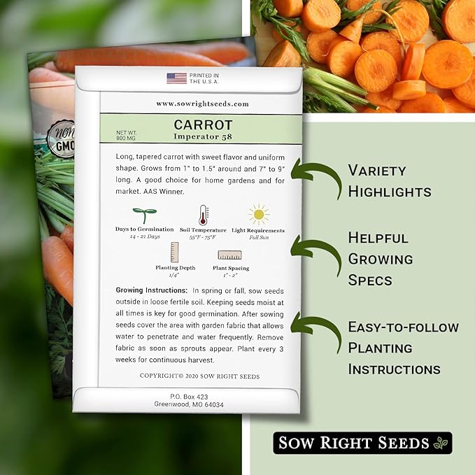 Sow Right Seeds - Imperator 58 Carrot Seed for Planting - Non-GMO Heirloom Packet with Instructions to Plant a Home Vegetable Garden - Indoors or Outdoors - Long Variety, Super Sweet (1)