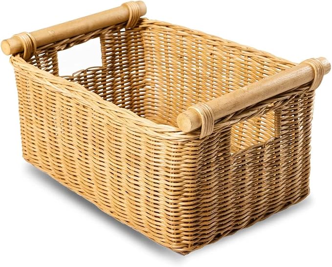 The Basket Lady Pole Handle Wicker Storage Basket, Small, 14 in L x 10 in W x 7.5 in H, Sandstone
