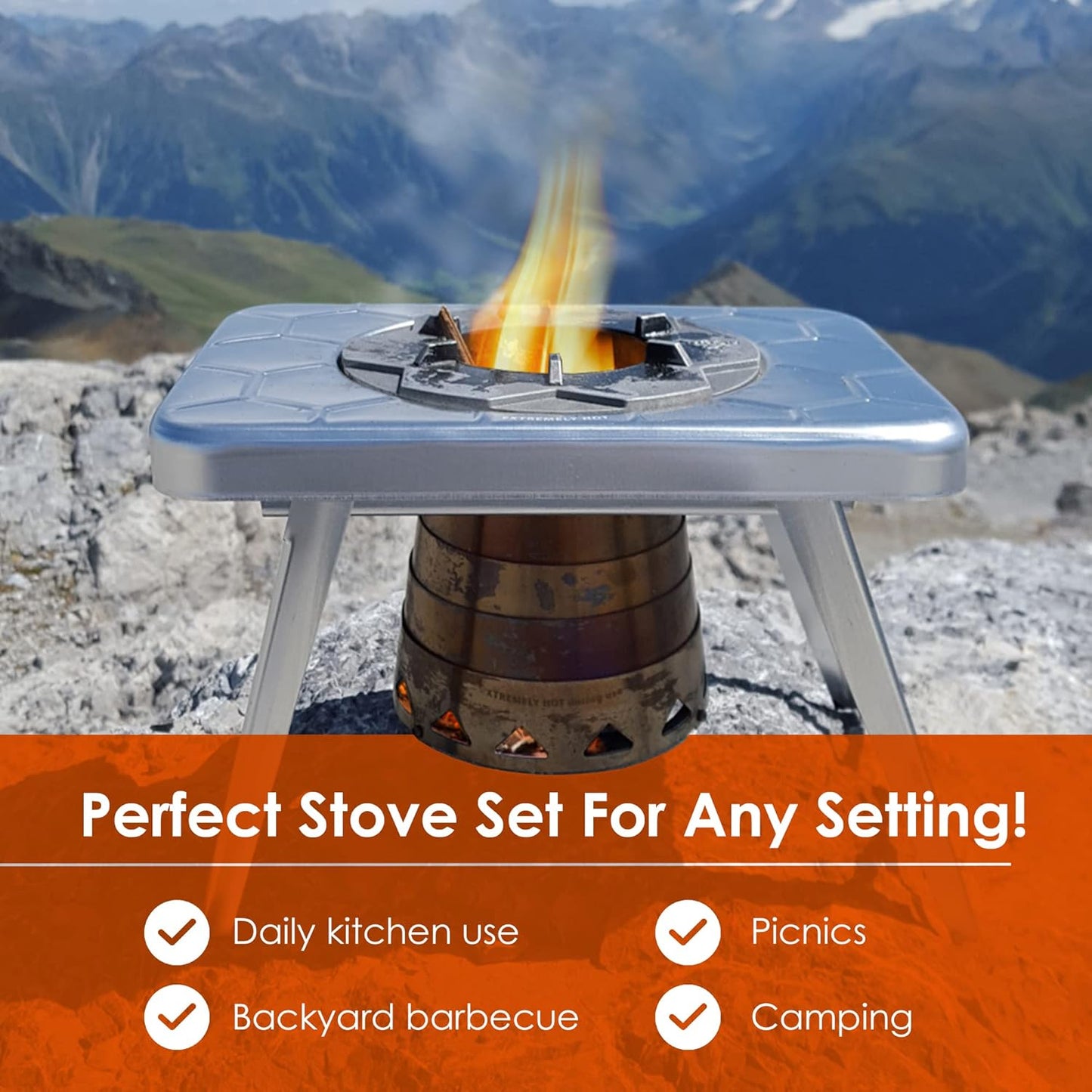 nCamp - Stove Plus Portable Camp Stove Set, Outdoor Multi Fuel Camp Stove, Wood Stove with Iso-Propane Adapter, Mini Stove for Gas, Hexamine Tablets, Liquid Fuels, Portable Camp Cooker 2-Piece Set