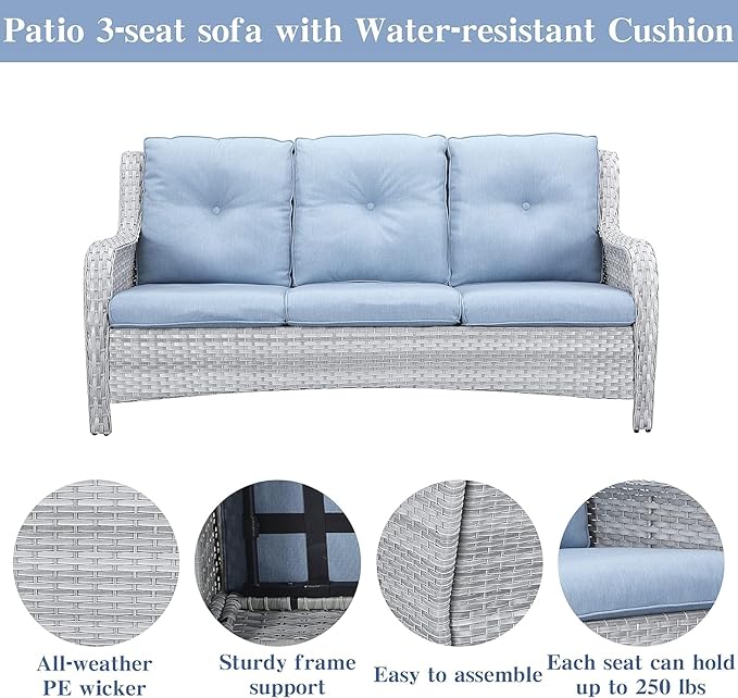 Wicker Patio Furniture Sets - 8 Piece Outdoor Rattan Furniture Conversation Sets with 4 Swivel Rocker Chairs, Rattan Sofa, Wicker Ottomans and Coffee Table, Light Grey/Baby Blue