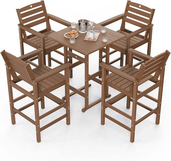5-Piece Bar Height Outdoor Table and Chairs Set, HDPE Wood Grain Patio Bar Table and Chairs with Heart Cutout Design, Weather-Resistant Bar Height Furniture for Deck, Porch, Pool (Teak)