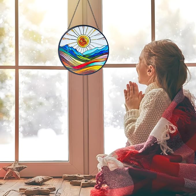 Artistic Colorful Sunrise Stained Glass Suncatcher - Window Wall Hanging Ornament Hand-Painted Glass Panel Sun Catcher - Decoration for Home Garden Christmas Party Wedding Housewarming Gifts