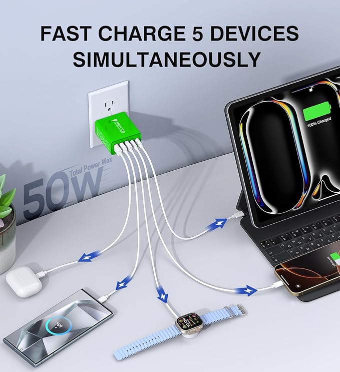 USB C Wall Charger, 50W USB C Charger Block 5-Port PD Fast Charging Blocks,USB A Multiport Plug Brick Cube,Dual Type C Power Adapter for iPhone 16/15/14/13/Pro,iPad,Samsung,for Switch(Green 2-Pack)
