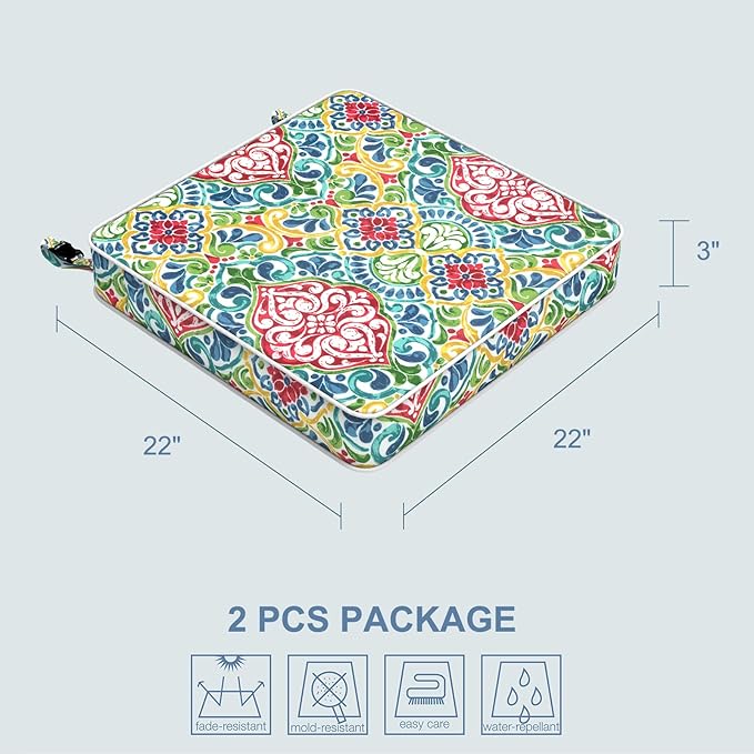 LVTXIII Patio Chair Cushions 22"x22"x3", Water-Repellent Outdoor Seat Cushions for Patio Furniture, Square Chair Pads with Ties for Home Garden Decoration, Set of 2, Damask Red