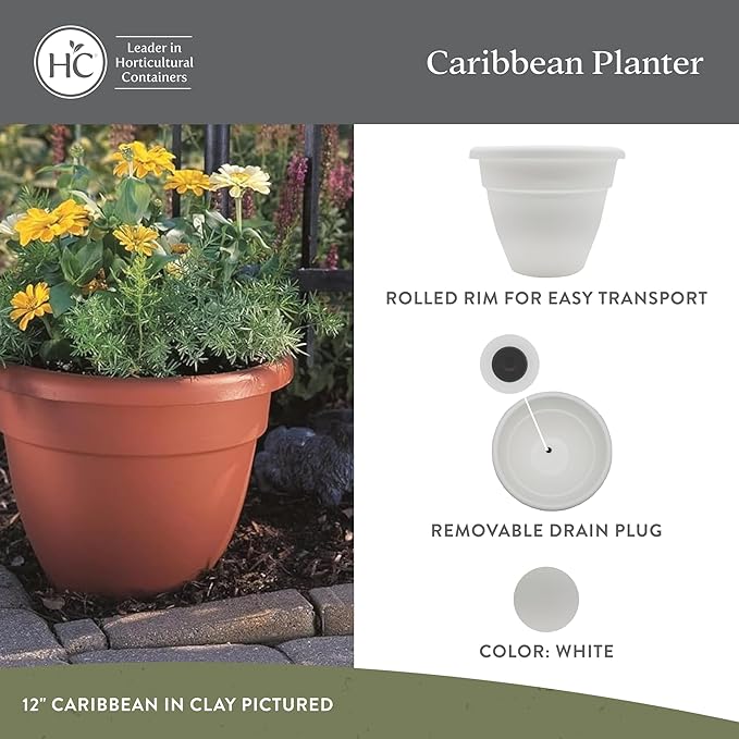 The HC Companies 14 Inch Caribbean Planter - Lightweight Indoor Outdoor Plastic Plant Pot for Herbs and Flowers, White