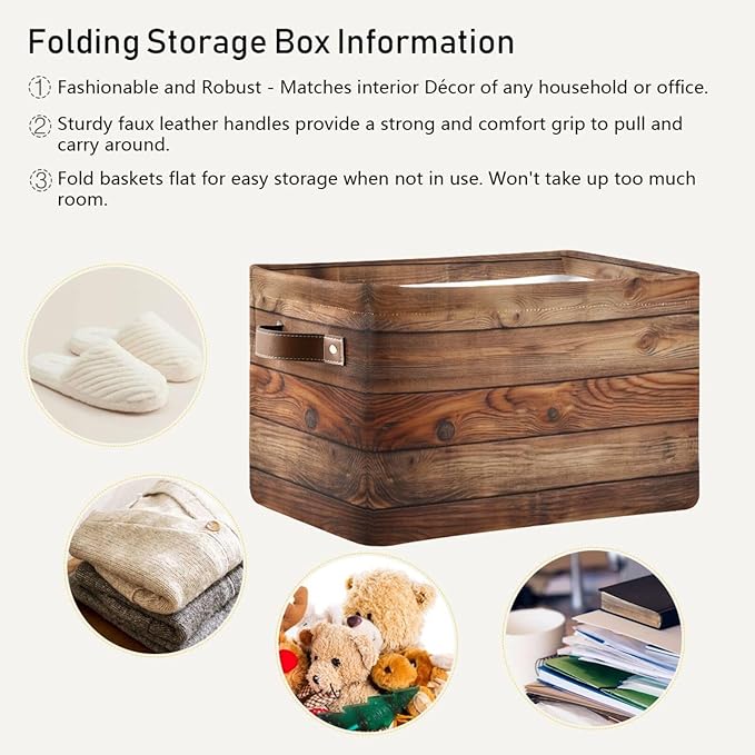 Wood Print Rectangular Retro Vintage Storage Basket Organizer Bin Shelf Baskets For Clothes Gifts For Home Office Dorm