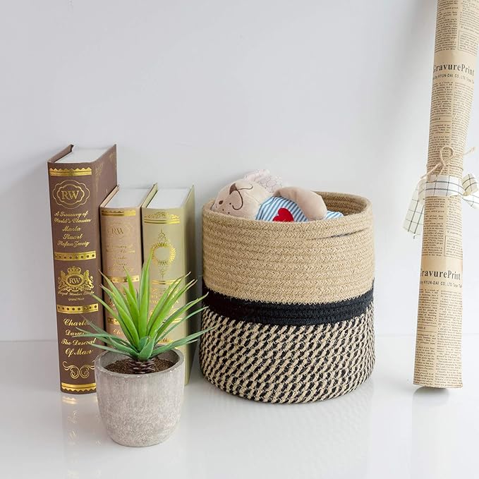 TIMEYARD Sturdy Jute Rope Plant Basket Modern Woven Basket up to 7.5 Inch Flower Pot Floor Indoor Planters, 8” x 8” Storage Organizer Basket Rustic Home Decor, Black Stripes