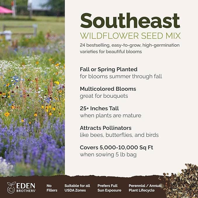 Eden Brothers Southeast Wildflower Mixed Seeds for Planting, 5 lb, 2,400,000+ Seeds with Cornflower, Blanket Flower | Attracts Pollinators, Plant in Spring or Fall, Zones 3, 4, 5, 6, 7, 8, 9, 10