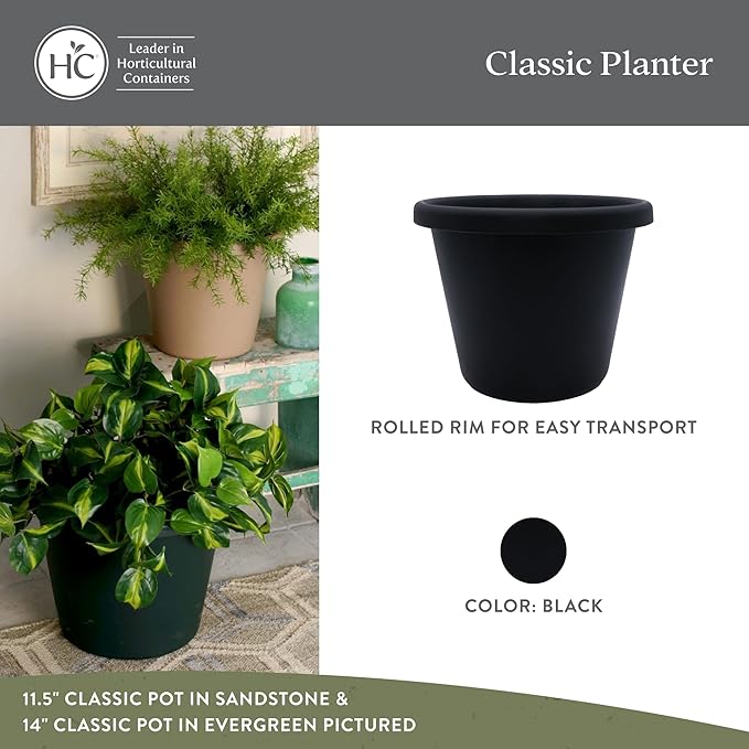 The HC Companies 14 Inch Round Classic Planter - Plastic Plant Pot for Indoor Outdoor Plants Flowers Herbs, Black