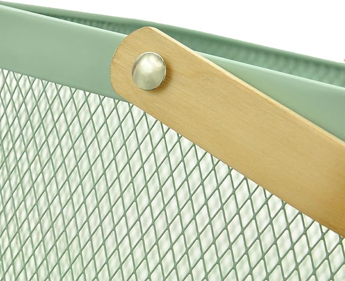 Metal Mesh Steel Basket, Storage Organizer Basket Multi-functional Hanging Kitchen Basket Fruit Basket Bin with Bamboo Handle, 9.84 x 10.2 x 7 inch, Mint Green