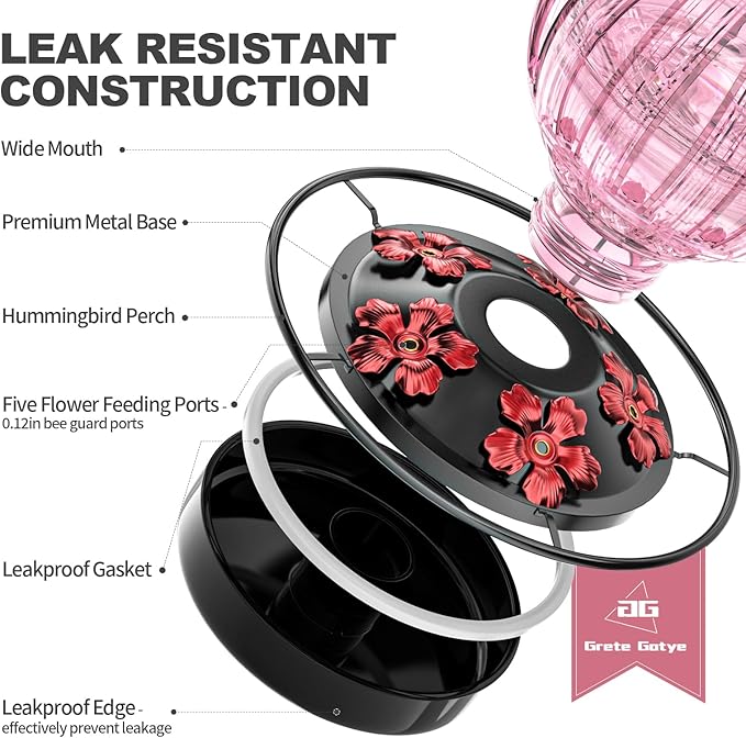 2 Pack Glass Hummingbird Feeder for Outdoors Hanging, Bird Nectar Feeder with Perch & 5 Flower Feeding Ports, 26 Oz Leak Proof for Outside Garden Decor Backyard, Gifts for Women Mom, Red & Pink