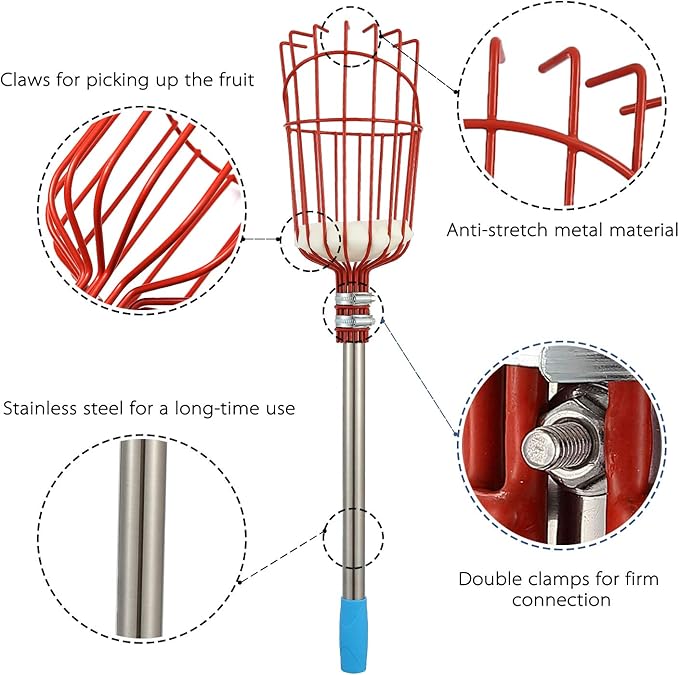 Fruit Picker, 13 FT Fruit Picker Pole with Large Basket, Length Adjustable Gardening Tools, Apple, Apricot, Orange, Mango Trees Picking, Fruit Catcher with Metal Long Handle, Extra Fruit Carrying Bag