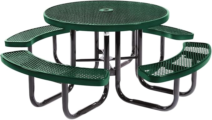 Coated Outdoor Furniture Heavy-Duty Portable Outdoor Picnic Table with Umbrella Hole, Expanded Metal Commercial-Grade Patio Dining Furniture Made in America (46" Round Top, Textured Green)