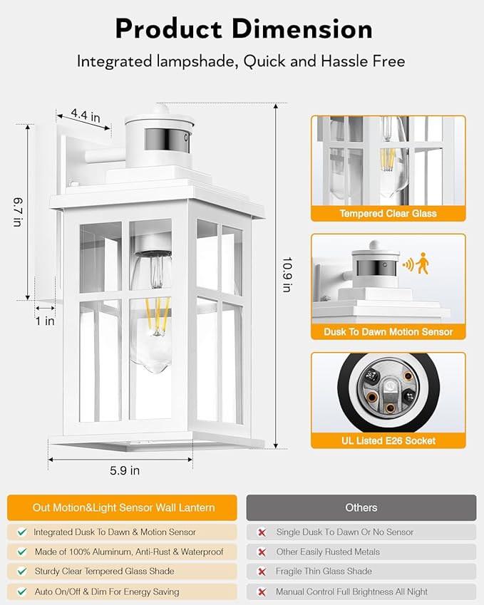 White Outdoor Wall Lights, Motion Sensor Porch Light Outdoor, Dusk to Dawn Outdoor Light Fixtures, Waterproof Outside Lights for House, Garden, Front Porch, Tempered Glass, Anti-Rust