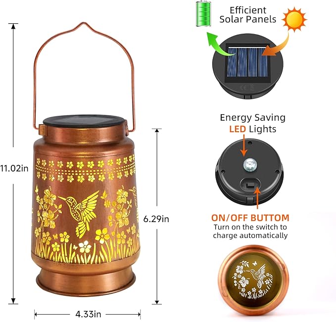 2 Pack Hummingbird Solar Lanterns Outdoor Waterproof Hanging Solar Lights Gifts for Women Metal LED Lanterns Outside for Garden, Yard, Patio, Lawn, Porch