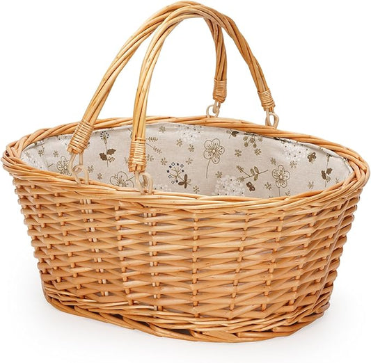 Wicker Picnic Basket with Double Folding Handles, Natural Large Willow Hamper Empty Basket Cheap Easter Eggs Candy Storage Wine Basket for Toy, Flower, Wedding(White 16inch)