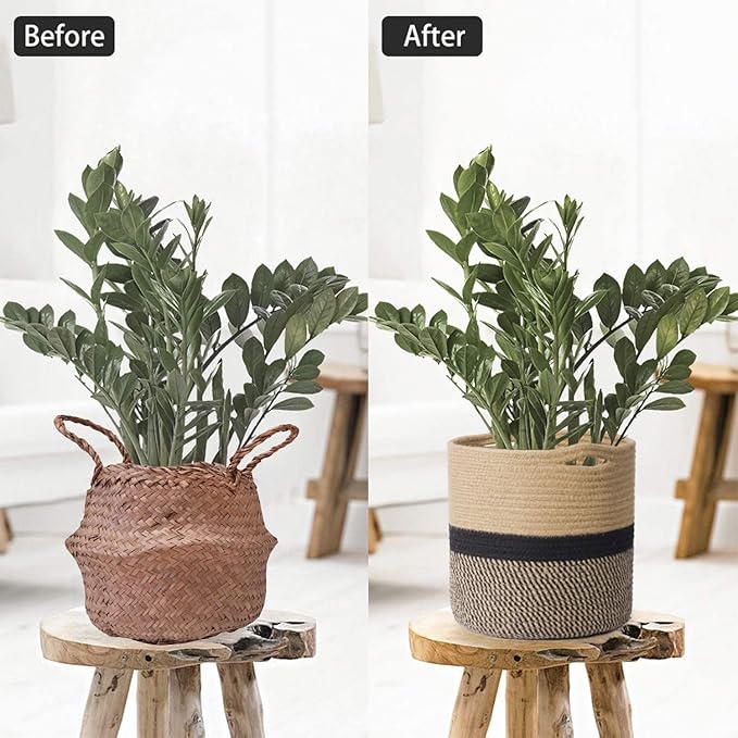 TIMEYARD Sturdy Jute Rope Plant Basket Modern Woven Basket for 10" Flower Pot Floor Indoor Planters, 11” x 11” Storage Organizer Basket Rustic Home Decor, Black and Beige Stripes