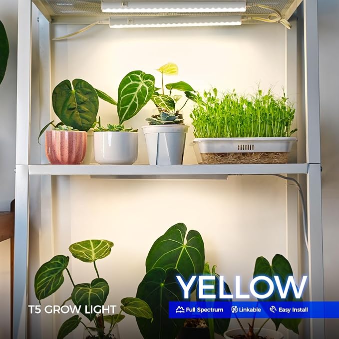 Barrina Grow Lights for Indoor Plants, Full Spectrum Sunlight, 1ft Plant Growing Lamp, LED Grow Light Bulbs, T5 Grow Light Strip, Plug and Play, Yellow, 4-Pack