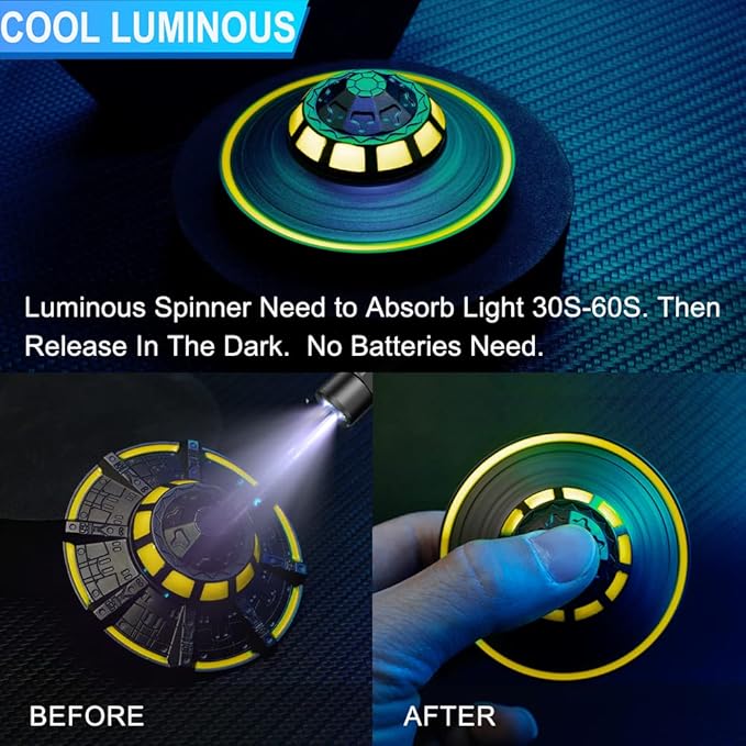 UFO Fidget Spinner Metal Toys for Kids Adults, Finger Hand Spinner, Cool Luminous Stainless Steel Fidgets Spinner, Desk Toy Spinning Top Stress Anxiety Releif Toy Focus Fingertip Gyro