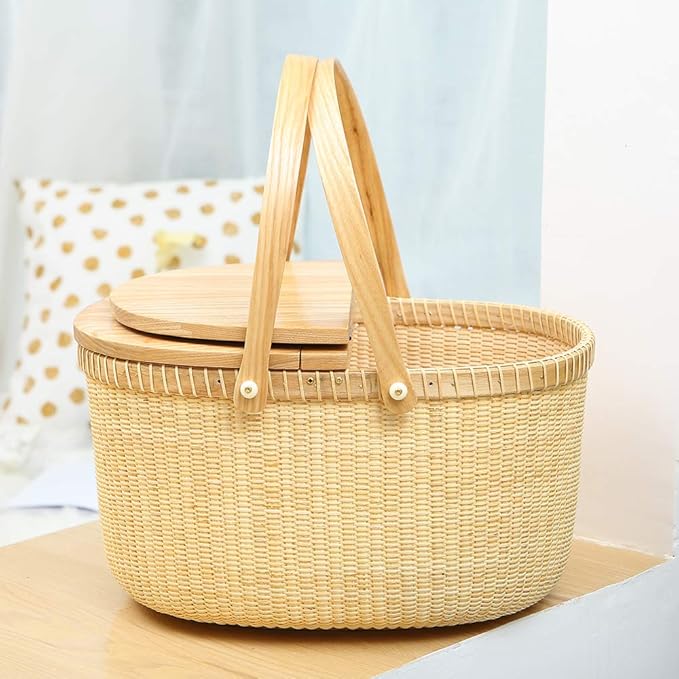 Nantucket Basket Crafts Cane-on-Cane Weave Picnic Basket Shopping Basket Basket Storage Basket Two Swing Handles (Ash Activity Double Open)