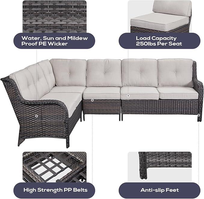 Outdoor Sectional Furniture Sofa Set with Propane Fire Pit Table, Wicker Patio Conversation Set with 2 Swivel Rocker Glider Chairs Beige Cushion Perfect for Backyard Casual Gathering