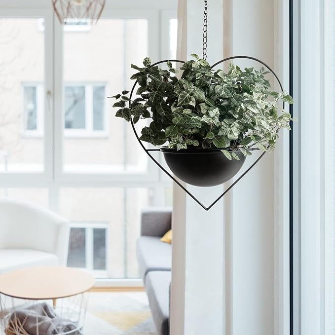 Hajia 1 Pack Heart Shaped Hanging Plant Holder with 7.5inch Detachable Pot, Black Metal Modern Hanging Planter for Indoor Outdoor, Minimalist Wall Ceiling Plant Hanger for Home Wedding Decor